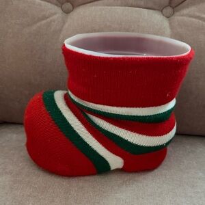 ♥️ Vintage Christmas Stocking Santa Boot Plastic Plant Candy Holder Knitted Sock